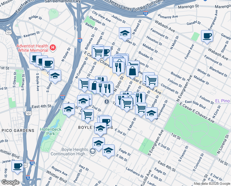 map of restaurants, bars, coffee shops, grocery stores, and more near 116 North Soto Street in Los Angeles