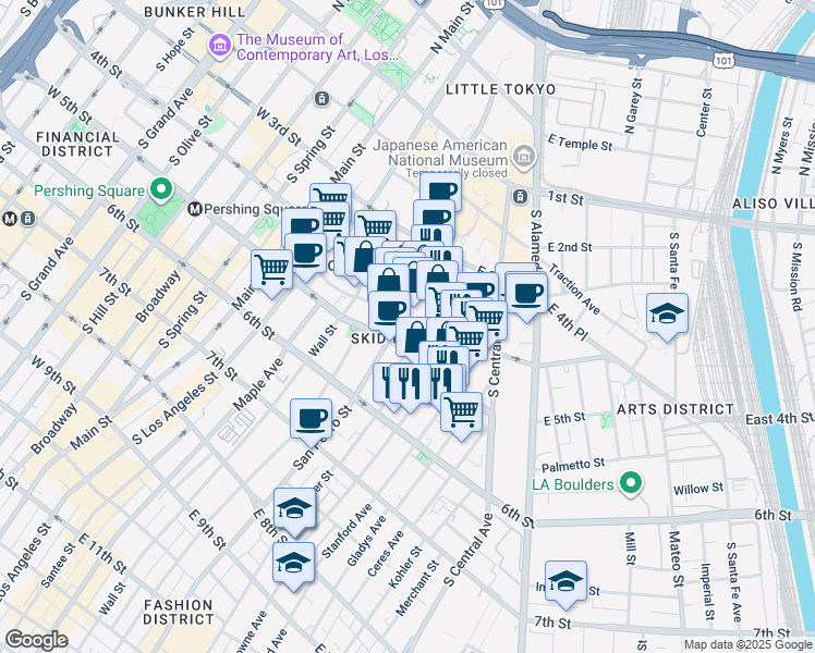 map of restaurants, bars, coffee shops, grocery stores, and more near in Los Angeles