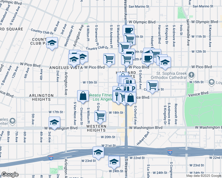 map of restaurants, bars, coffee shops, grocery stores, and more near 1546 South Saint Andrews Place in Los Angeles