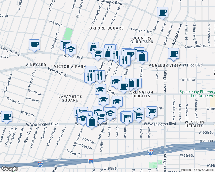 map of restaurants, bars, coffee shops, grocery stores, and more near in Los Angeles