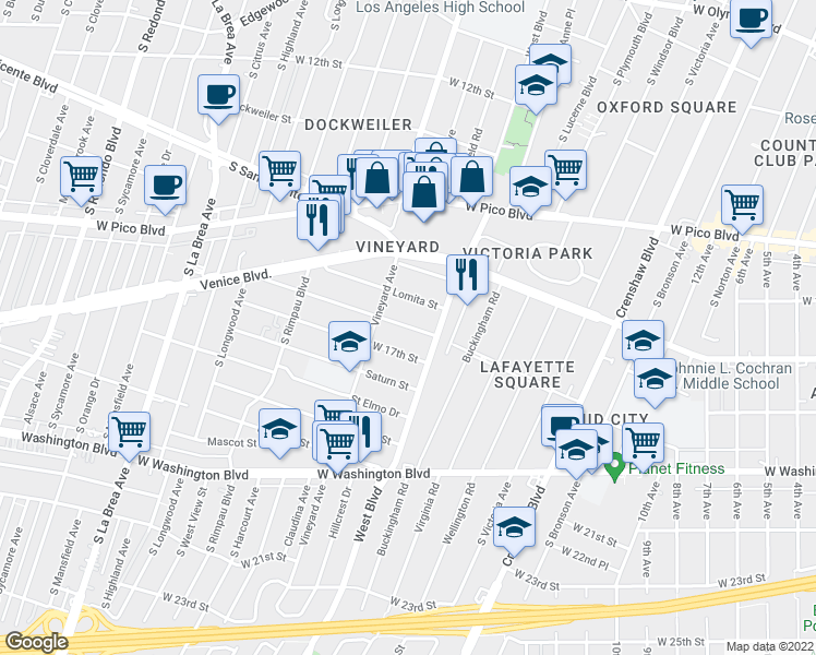 map of restaurants, bars, coffee shops, grocery stores, and more near 4521 West 17th Street in Los Angeles
