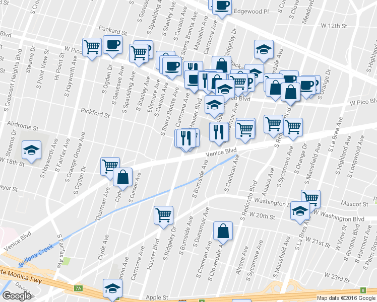 map of restaurants, bars, coffee shops, grocery stores, and more near 5400 Venice Boulevard in Los Angeles