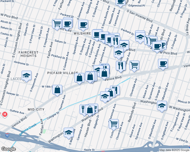 map of restaurants, bars, coffee shops, grocery stores, and more near 5633 Venice Boulevard in Los Angeles