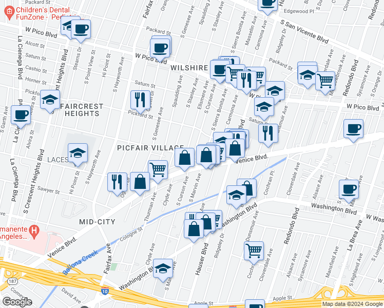 map of restaurants, bars, coffee shops, grocery stores, and more near 5570 Airdrome Street in Los Angeles