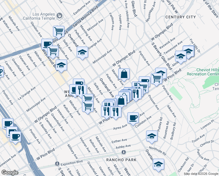 map of restaurants, bars, coffee shops, grocery stores, and more near 2305 Overland Avenue in Los Angeles