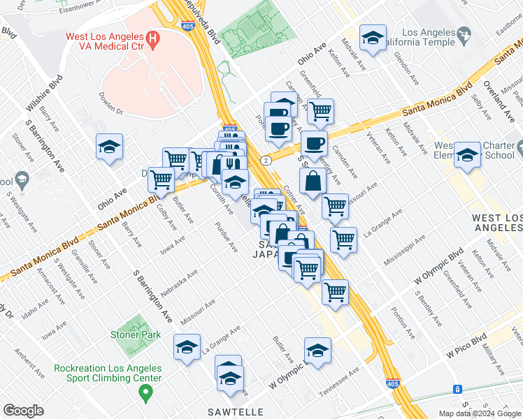 map of restaurants, bars, coffee shops, grocery stores, and more near 1800 Sawtelle Boulevard in Los Angeles