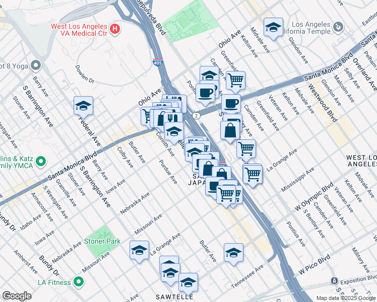 map of restaurants, bars, coffee shops, grocery stores, and more near 1800 Sawtelle Boulevard in Los Angeles