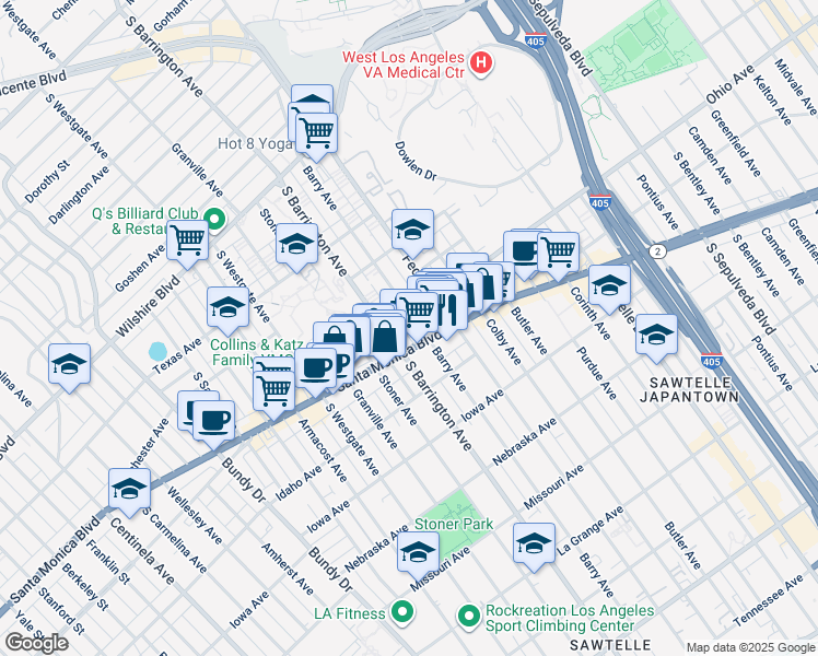 map of restaurants, bars, coffee shops, grocery stores, and more near 1511 South Barrington Avenue in Los Angeles