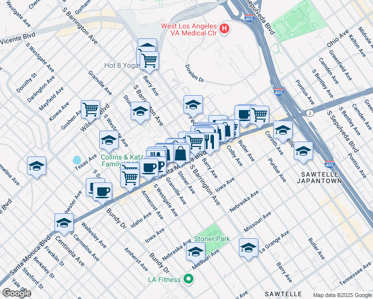 map of restaurants, bars, coffee shops, grocery stores, and more near 1511 South Barrington Avenue in Los Angeles