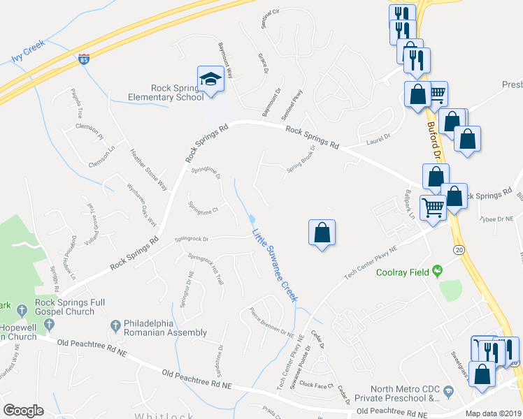 map of restaurants, bars, coffee shops, grocery stores, and more near 904 Crossing Rock Drive in Lawrenceville