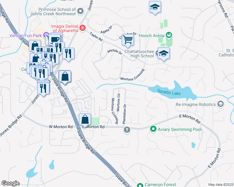 map of restaurants, bars, coffee shops, grocery stores, and more near 10785 Mortons Crossing in Alpharetta