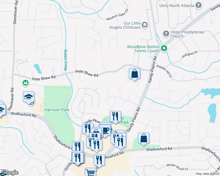 map of restaurants, bars, coffee shops, grocery stores, and more near 3126 Swallow Drive Northeast in Marietta