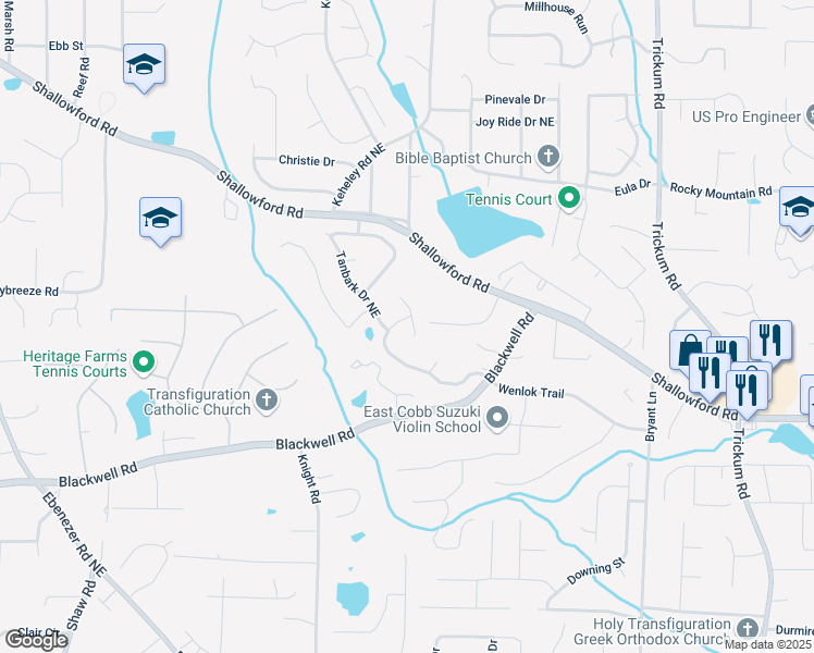 map of restaurants, bars, coffee shops, grocery stores, and more near 1945 Wenlok Trail in Marietta