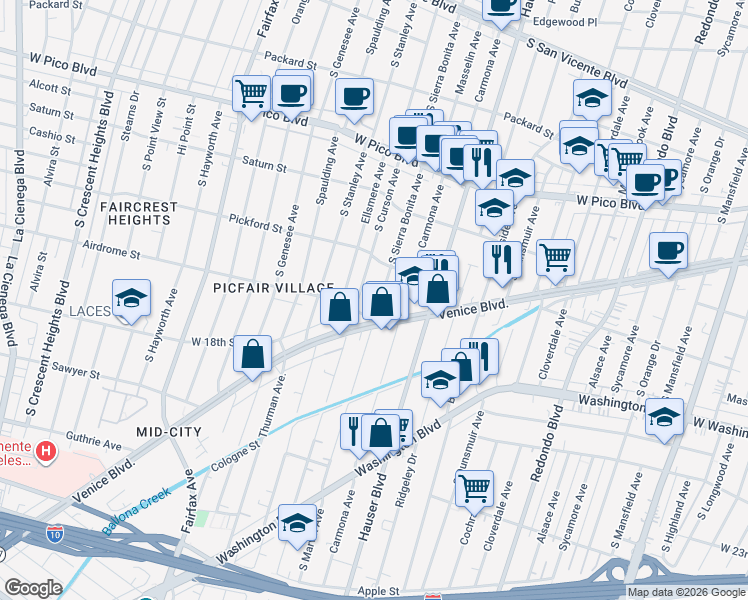 map of restaurants, bars, coffee shops, grocery stores, and more near 1645 South Sierra Bonita Avenue in Los Angeles