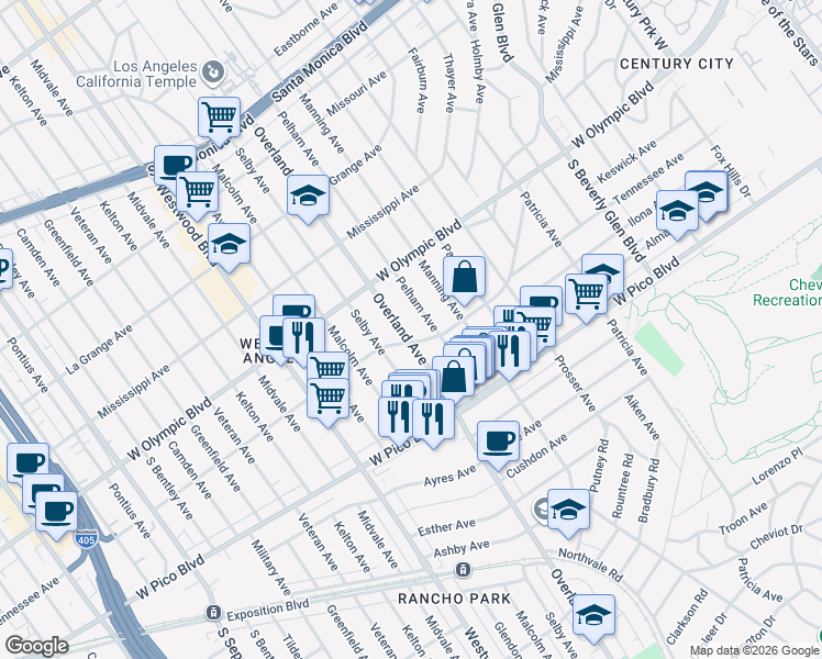map of restaurants, bars, coffee shops, grocery stores, and more near 2305 Overland Avenue in Los Angeles