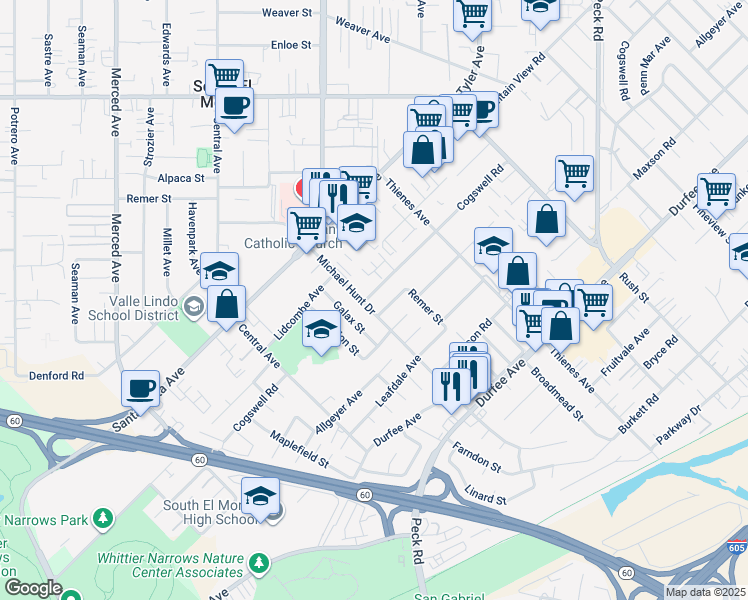 map of restaurants, bars, coffee shops, grocery stores, and more near 1608 Cogswell Road in South El Monte