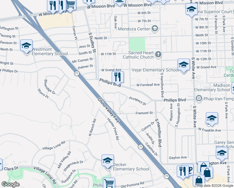 map of restaurants, bars, coffee shops, grocery stores, and more near 1390 Prospect Drive in Pomona