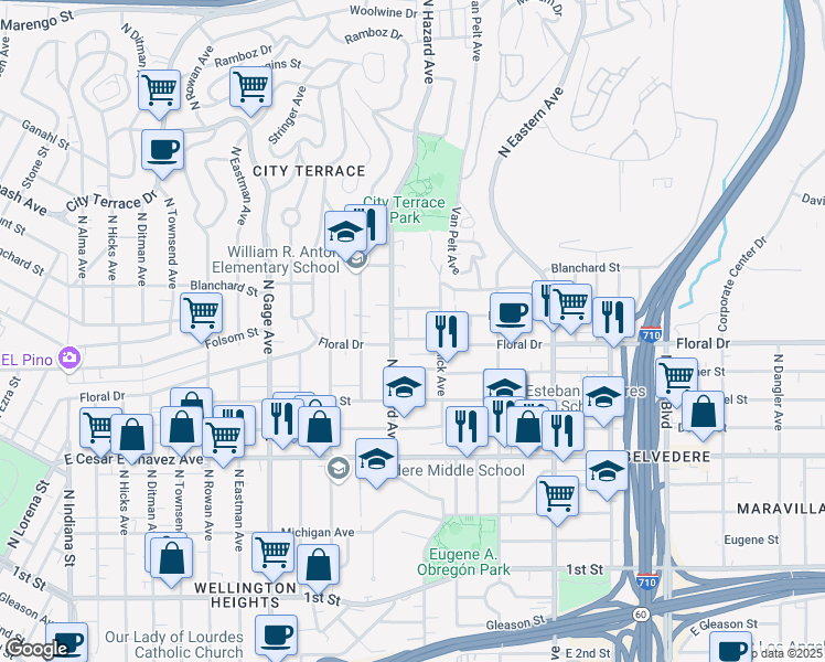 map of restaurants, bars, coffee shops, grocery stores, and more near 4023 Floral Drive in Los Angeles