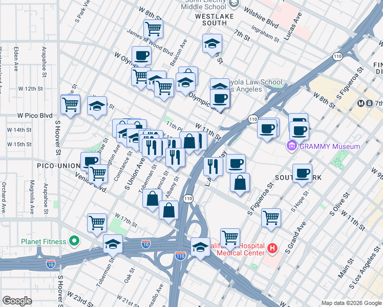 map of restaurants, bars, coffee shops, grocery stores, and more near 1332 West 12th Place in Los Angeles