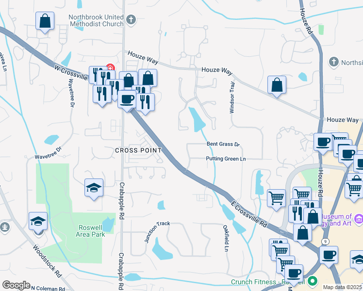 map of restaurants, bars, coffee shops, grocery stores, and more near 140 Bent Grass Drive in Roswell