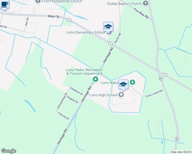 map of restaurants, bars, coffee shops, grocery stores, and more near 301 Heritage Road in Loris