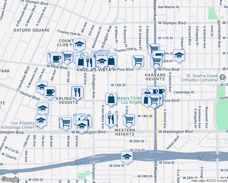 map of restaurants, bars, coffee shops, grocery stores, and more near 1527 South Wilton Place in Los Angeles