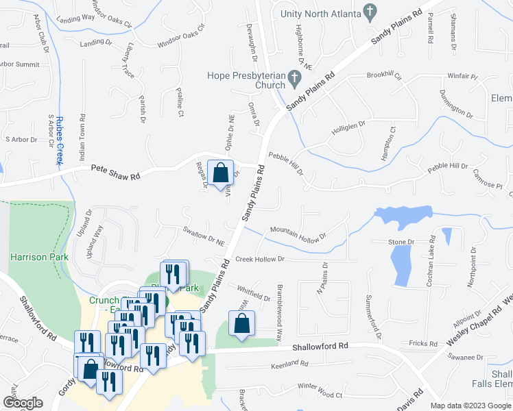map of restaurants, bars, coffee shops, grocery stores, and more near 3841 Trade Wind Court in Marietta