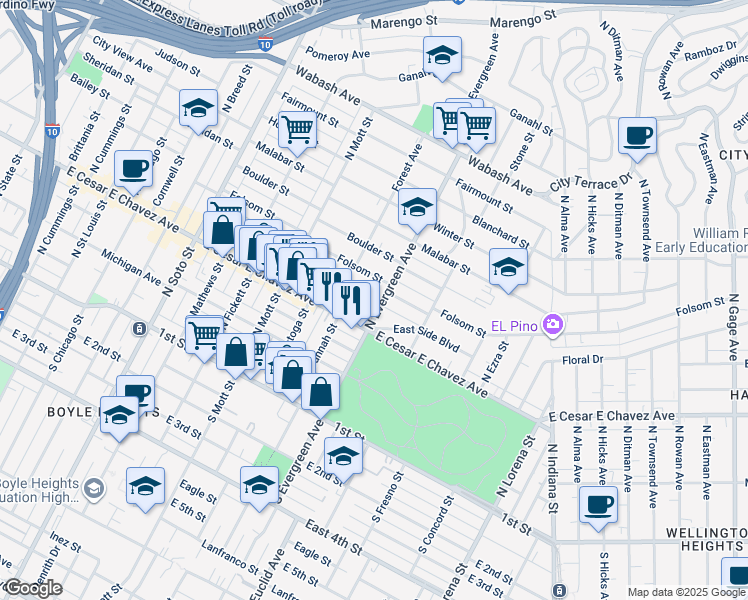 map of restaurants, bars, coffee shops, grocery stores, and more near 416 North Evergreen Avenue in Los Angeles