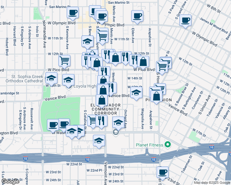 map of restaurants, bars, coffee shops, grocery stores, and more near 1606 Menlo Avenue in Los Angeles