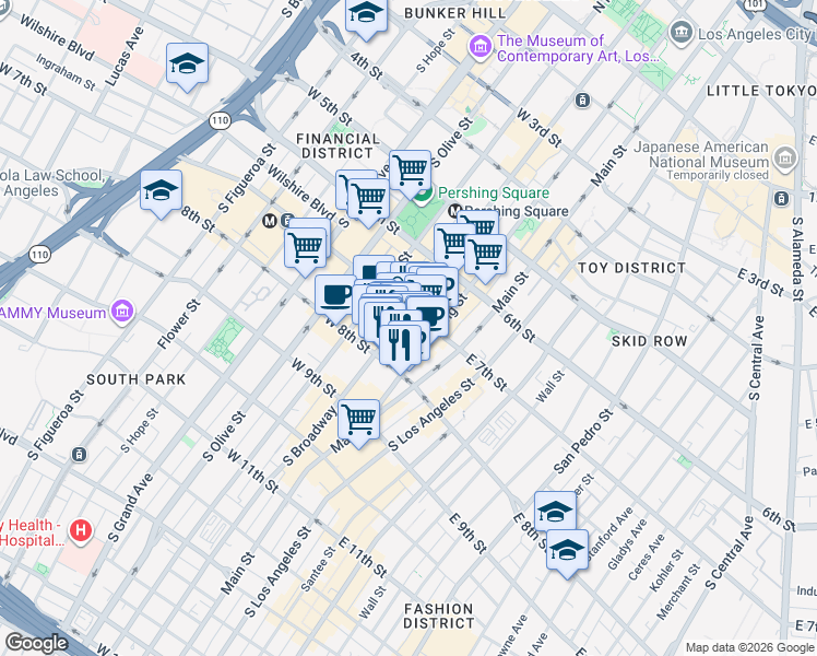 map of restaurants, bars, coffee shops, grocery stores, and more near 742 South Broadway in Los Angeles