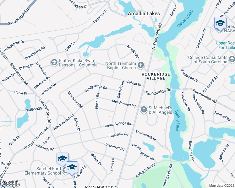 map of restaurants, bars, coffee shops, grocery stores, and more near 4505 Meadowood Road in Columbia