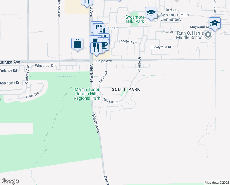 map of restaurants, bars, coffee shops, grocery stores, and more near 17060 La Vida Court in Fontana