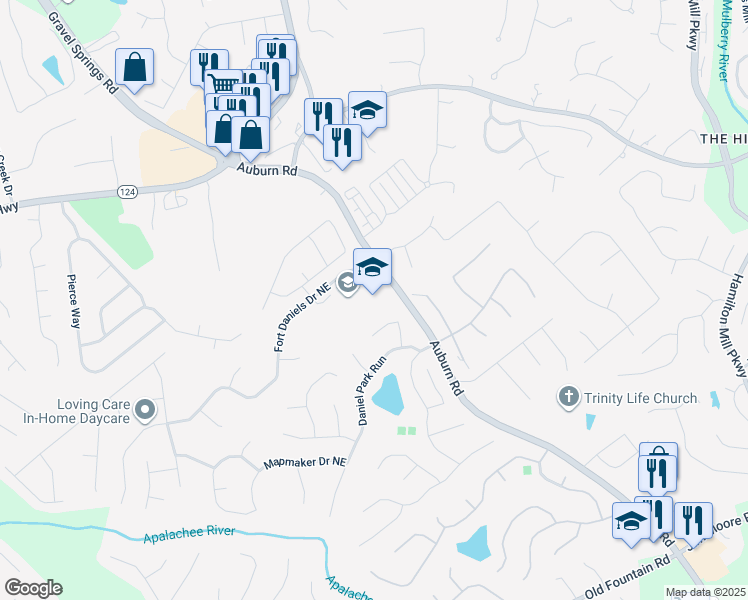 map of restaurants, bars, coffee shops, grocery stores, and more near 1725 Auburn Road in Dacula