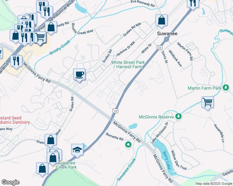 map of restaurants, bars, coffee shops, grocery stores, and more near 1343 Harvest Park Lane in Suwanee