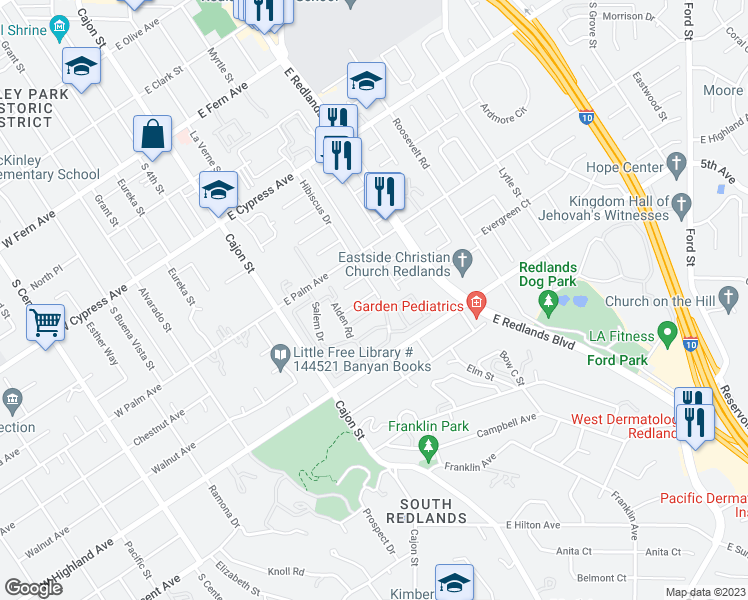 map of restaurants, bars, coffee shops, grocery stores, and more near 247 Carver Circle in Redlands