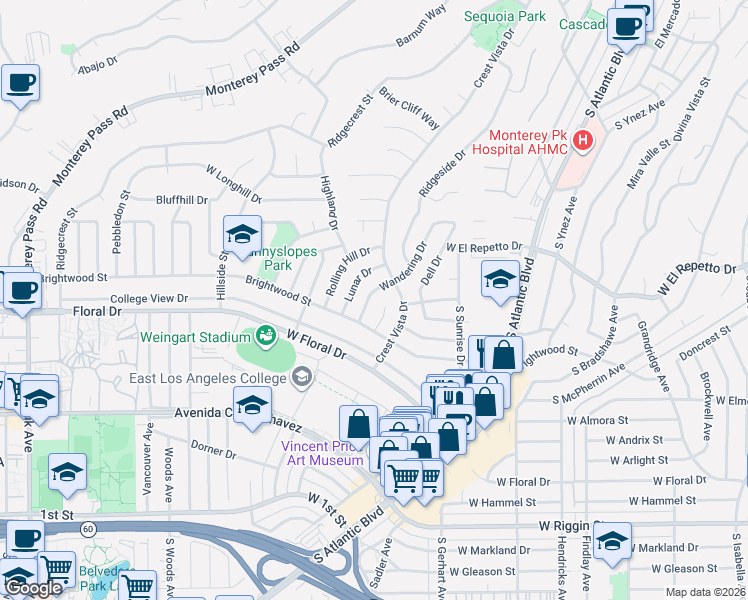 map of restaurants, bars, coffee shops, grocery stores, and more near 1610 Wandering Drive in Monterey Park