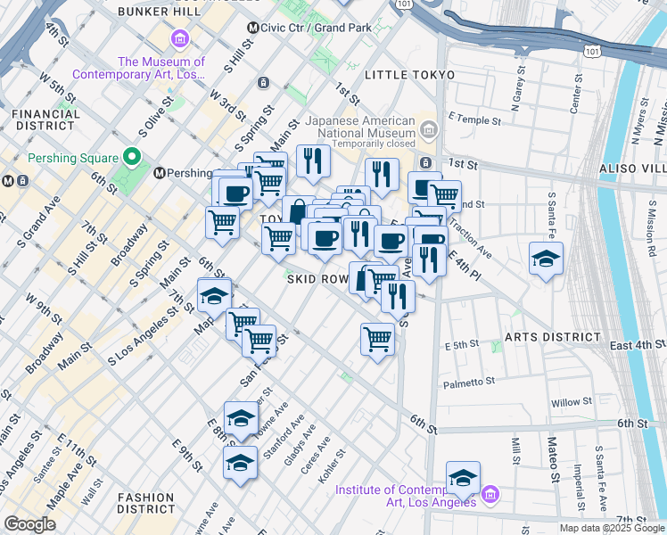 map of restaurants, bars, coffee shops, grocery stores, and more near 434 South San Pedro Street in Los Angeles