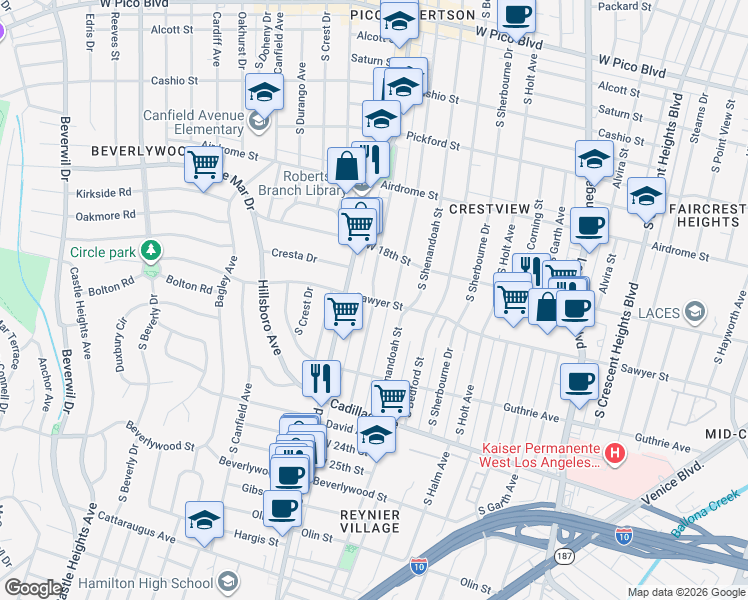 map of restaurants, bars, coffee shops, grocery stores, and more near Preuss Road in Los Angeles
