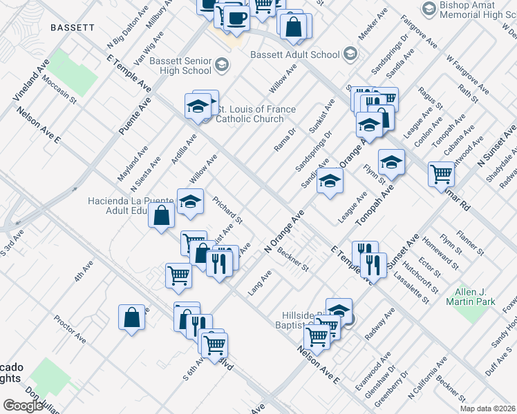 map of restaurants, bars, coffee shops, grocery stores, and more near 503 Sandia Avenue in La Puente