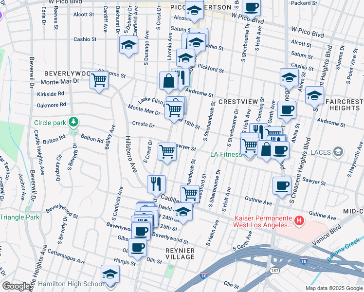 map of restaurants, bars, coffee shops, grocery stores, and more near 8900 Sawyer Street in Los Angeles