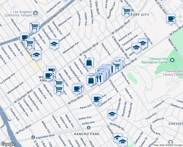 map of restaurants, bars, coffee shops, grocery stores, and more near 2310 Manning Avenue in Los Angeles