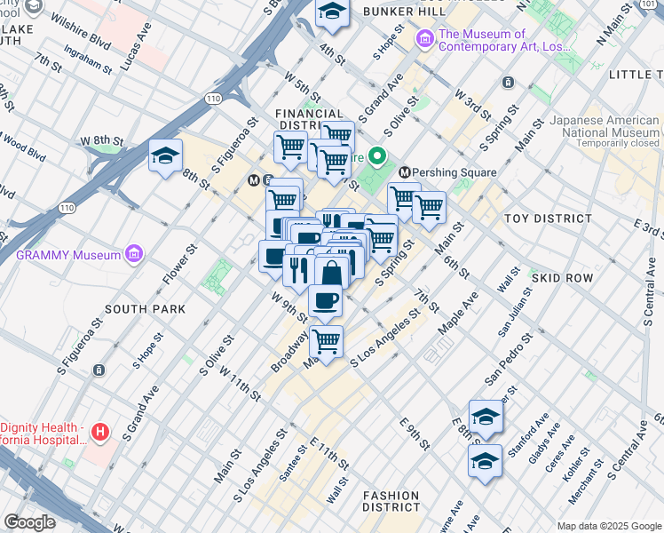 map of restaurants, bars, coffee shops, grocery stores, and more near 320 West 8th Street in Los Angeles