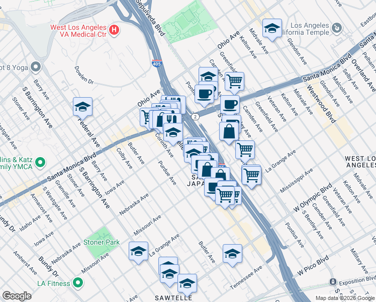 map of restaurants, bars, coffee shops, grocery stores, and more near 1800 Sawtelle Boulevard in Los Angeles