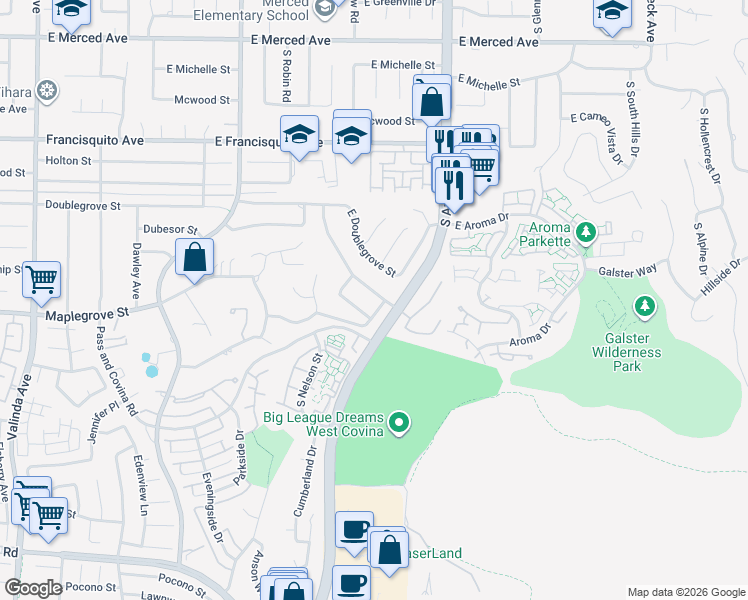 map of restaurants, bars, coffee shops, grocery stores, and more near 1726 East Autumn Drive in West Covina