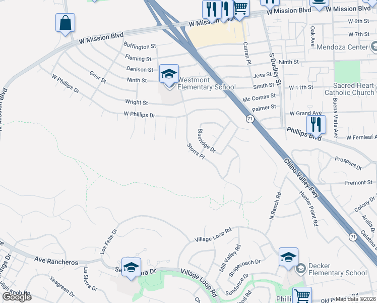 map of restaurants, bars, coffee shops, grocery stores, and more near 1220 Beechnut Place in Pomona
