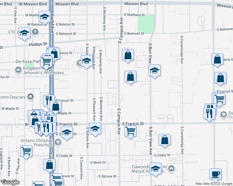 map of restaurants, bars, coffee shops, grocery stores, and more near 1604 South Campus Avenue in Ontario