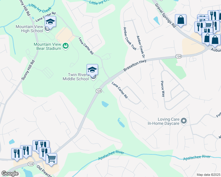 map of restaurants, bars, coffee shops, grocery stores, and more near 2305 Braselton Highway in Buford