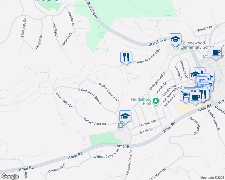 map of restaurants, bars, coffee shops, grocery stores, and more near 1503 Parker Canyon Road in Walnut