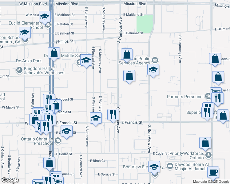 map of restaurants, bars, coffee shops, grocery stores, and more near 1604 South Campus Avenue in Ontario