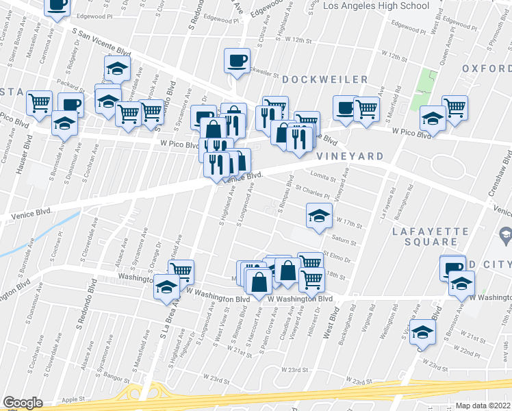 map of restaurants, bars, coffee shops, grocery stores, and more near 4826 Saturn Street in Los Angeles